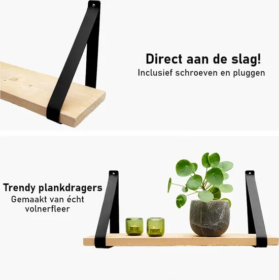 Leren plankdragers - Zwart - 4 stuks - Echt leer - Zwarte plankendragers thumbnail 5