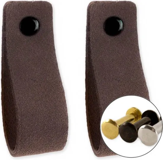 Leren handgrepen van zacht suede - Grijs - 2 stuks - 16,5 x 2,5 cm - incl. 3 kleuren schroeven - Handgrepen leer - Leren meubelgreep thumbnail 1