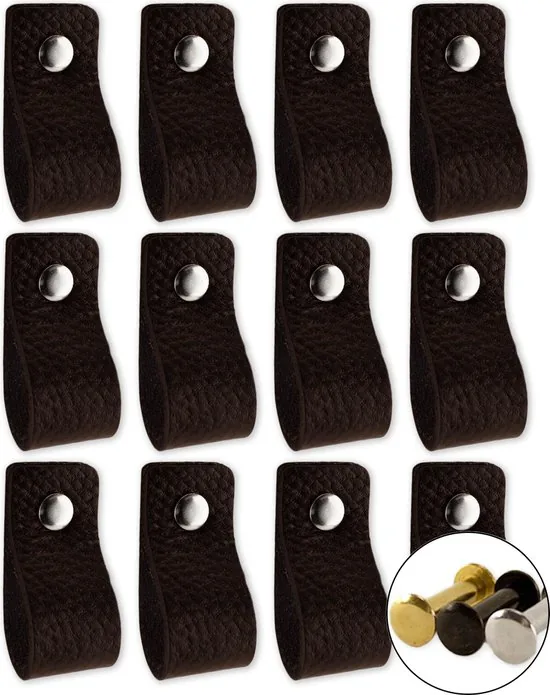 Leren handgrepen - Zwart - 24 stuks - 12,5 x 2,5 cm - incl. 3 kleuren schroeven - Handgrepen leer - Zwarte leren meubelgreep - Afbeelding 1