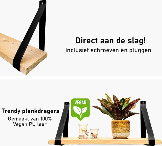 Leren plankdragers - Zwart - 6 stuks - PU lederen planken dragers - Kunstleer plank dragers - Wandplank industrieel - Legplankdrager thumbnail 5