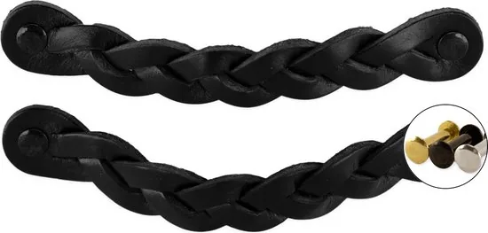 Leren handgrepen - Zwart - 2 stuks - Gevlochten - 16,5 x 2,5 cm -- Handgreep zwart - Handgrepen leer - Leren meubelgreep - Afbeelding 1