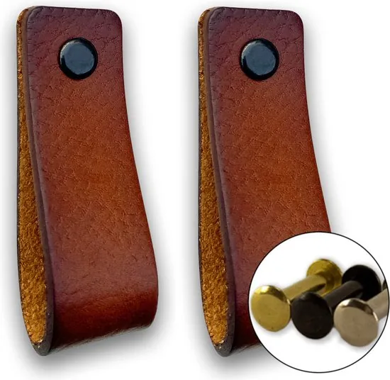 Leren handgrepen - Cognac - 2 stuks - 16,5 x 2,5 cm - incl. 3 kleuren schroeven - Handgrepen leer - Leren meubelgreep - Afbeelding 1