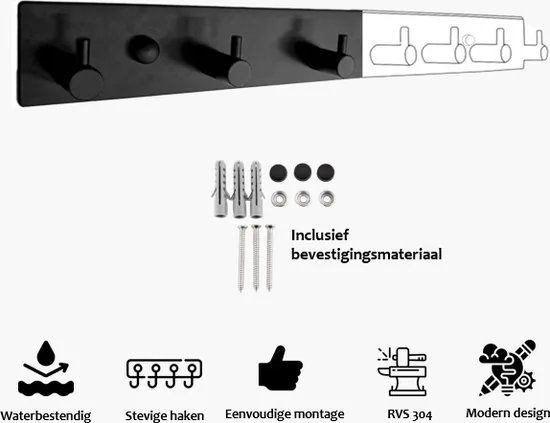 Brute Strength - RVS Kapstok - 7 haken - 46 cm - Mat Zwart - Wandkapstok - Hangende Design Muurkapstok thumbnail 3
