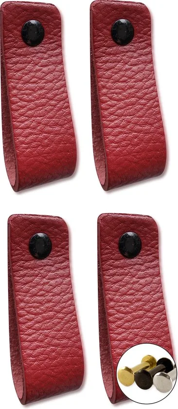 Leren handgrepen - Bordeaux Rood - 4 stuks - 16,5 x 2,5 cm - incl. 3 kleuren schroeven - Handgrepen kast leer - Leren meubelgreep - Afbeelding 1