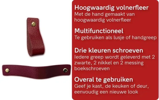Leren handgrepen - Bordeaux Rood - 4 stuks - 16,5 x 2,5 cm - incl. 3 kleuren schroeven - Handgrepen kast leer - Leren meubelgreep thumbnail 2