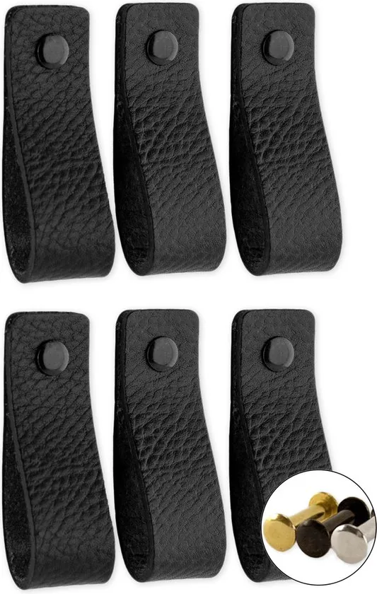 Leren handgrepen - Zwart - 6 stuks - 16,5 x 2,5 cm - Handgreep zwart - Handgrepen leer - Leren meubelgreep - Afbeelding 1