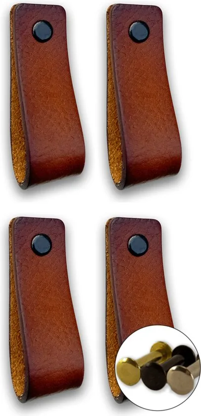Leren handgrepen - Cognac - 4 stuks - 16,5 x 2,5 cm - incl. 3 kleuren schroeven - Handgrepen leer - Leren meubelgreep - Afbeelding 1
