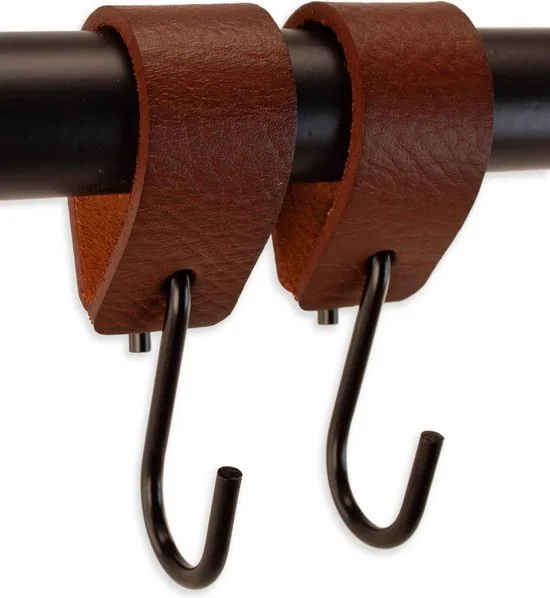 Brute Strength - Leren S-haak hangers - Cognac - 2 stuks - 12,5 x 2,5 cm - Zwart zilver - Leer - Afbeelding 1