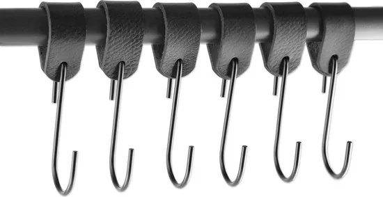Brute Strength - Leren ronde S-haak hangers - Zwart - 6 stuks - 12,5 x 2,5 cm - Zwart zilver - Leer - Afbeelding 1