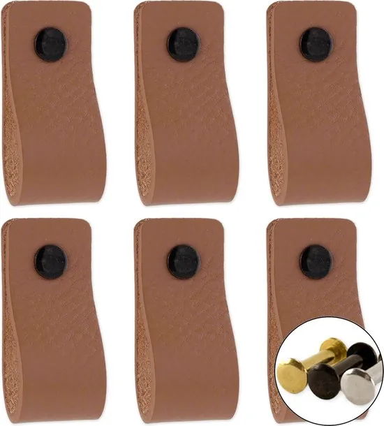 Leren handgrepen - Taupe - 6 stuks - 12,5 x 2,5 cm - incl. 3 kleuren schroeven - Handgrepen leer - Leren meubelgreep - Afbeelding 1