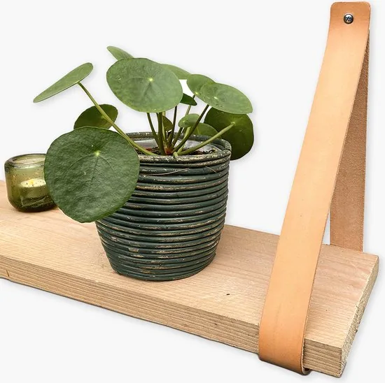 Leren plankdragers - Naturel - 2 stuks - Echt lederen planken dragers - Wandplank industrieel - Legplankdrager - Schapdrager thumbnail 2