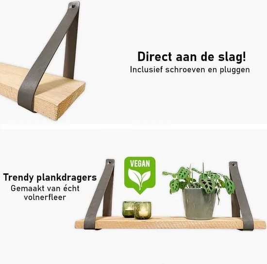 Leren plankdragers - Grijs - 6 stuks - PU lederen planken dragers - Kunstleer plank dragers - Wandplank industrieel - Legplankdrager thumbnail 6