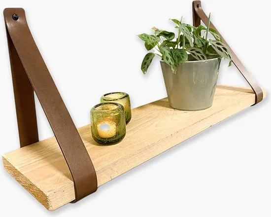 Leren plankdragers - Bruin - 4 stuks - PU lederen planken dragers - Kunstleer plank dragers - Wandplank industrieel - Legplankdrager thumbnail 4