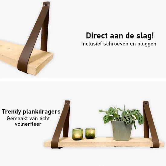 Leren plankdragers - Bruin - 4 stuks - PU lederen planken dragers - Kunstleer plank dragers - Wandplank industrieel - Legplankdrager thumbnail 6