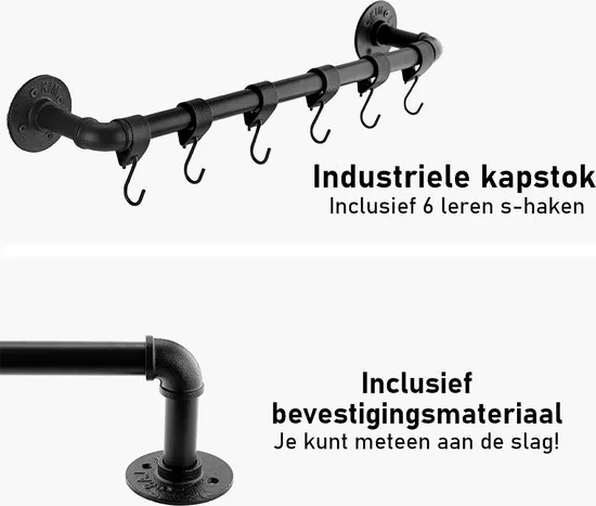 Brute Strength - Steigerbuis Kapstok - Wandkapstok - Kapstokhaak - Handdoekhaak - incl. 6 leren bandjes met S-haken - 58 cm - zwart thumbnail 4