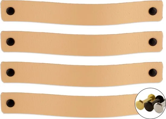 Leren handgrepen - Naturel - 4 stuks - 20,0 x 2,5 cm - incl. 3 kleuren schroeven - Handgrepen leer - Leren meubelgreep - Afbeelding 1