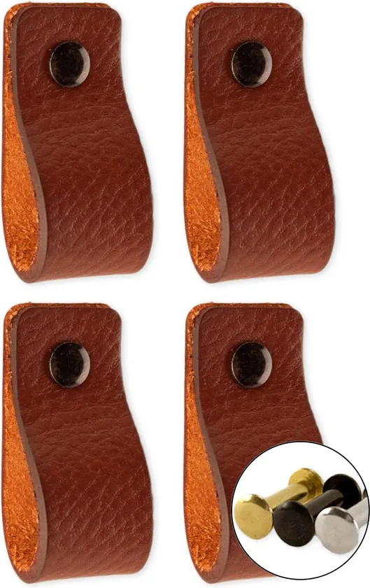 Leren handgrepen - Cognac - 4 stuks - 12,5 x 2,5 cm - incl. 3 kleuren schroeven - Handgrepen leer - Leren meubelgreep - Afbeelding 1