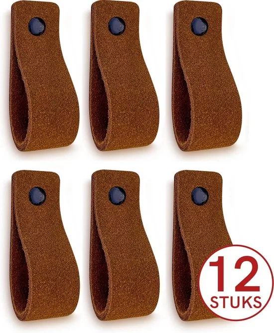 Leren handgrepen van zacht suede - Cognac - 12 stuks - 16,5 x 2,5 cm - incl. 3 kleuren schroeven - Handgrepen leer - Leren meubelgreep thumbnail 1