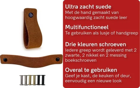 Leren handgrepen van zacht suede - Cognac - 12 stuks - 16,5 x 2,5 cm - incl. 3 kleuren schroeven - Handgrepen leer - Leren meubelgreep thumbnail 8