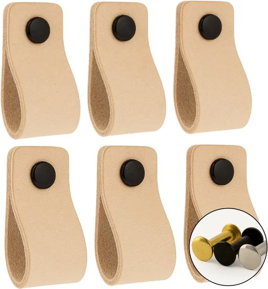 Leren handgrepen - Naturel - 12 stuks - 12,5 x 2,5 cm - incl. 3 kleuren schroeven - Handgrepen leer - Leren meubelgreep - Afbeelding 1