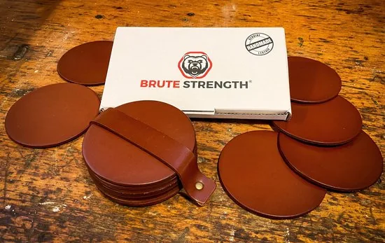 Brute Strength - Onderzetters voor glazen - Leer - Cognac - Rond - 6 stuks - Leren onderzetters thumbnail 2