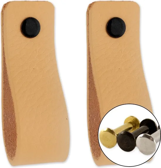 Leren handgrepen - Naturel - 2 stuks - 16,5 x 2,5 cm - incl. 3 kleuren schroeven - Handgrepen leer - Leren meubelgreep - Afbeelding 1