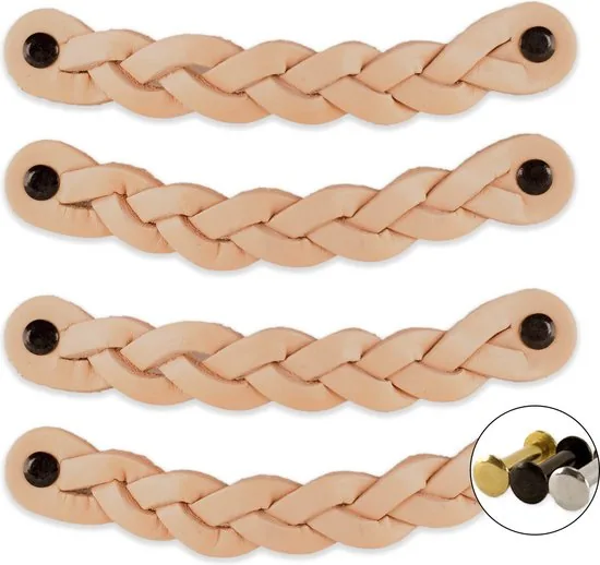 Leren handgrepen - Naturel - 4 stuks - Gevlochten - 16,5 x 2,5 cm - incl. 3 kleuren schroeven - Handgrepen leer - Afbeelding 1