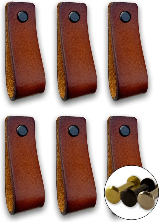 Leren handgrepen - Cognac - 6 stuks - 16,5 x 2,5 cm - incl. 3 kleuren schroeven - Handgrepen leer - Leren meubelgreep - Afbeelding 1