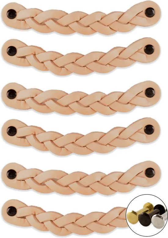 Leren handgrepen - Naturel - 6 stuks - Gevlochten - 16,5 x 2,5 cm - incl. 3 kleuren schroeven - Handgrepen leer thumbnail 1