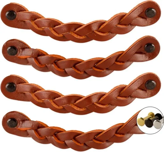 Leren handgrepen - Cognac - 4 stuks - Gevlochten - 16,5 x 2,5 cm - incl. 3 kleuren schroeven thumbnail 1