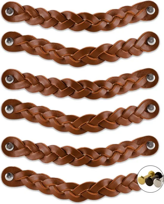 Leren handgrepen - Cognac - 12 stuks - Gevlochten - 20 x 2,5 cm - incl. 3 kleuren schroeven - Handgrepen leer - Afbeelding 1