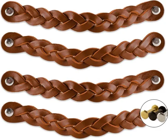 Leren handgrepen - Cognac - 4 stuks - Gevlochten - 20 x 2,5 cm - incl. 3 kleuren schroeven - Handgrepen leer - Afbeelding 1