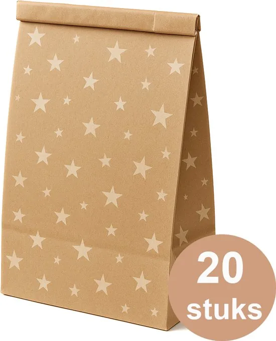 20 x Papieren uitdeelzakjes voor traktatie, verjaardag, kantoor en bruiloft - wit sterrenpatroon - 17 x 9,5 x 5,5 cm - Afbeelding 1