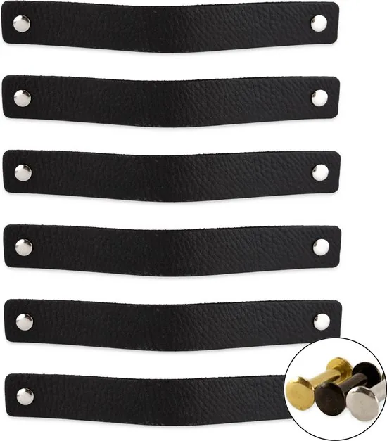 Leren handgrepen - Zwart - 6 stuks - 20,0 x 2,5 cm - Handgreep zwart - Handgrepen leer - Leren meubelgreep - Afbeelding 1