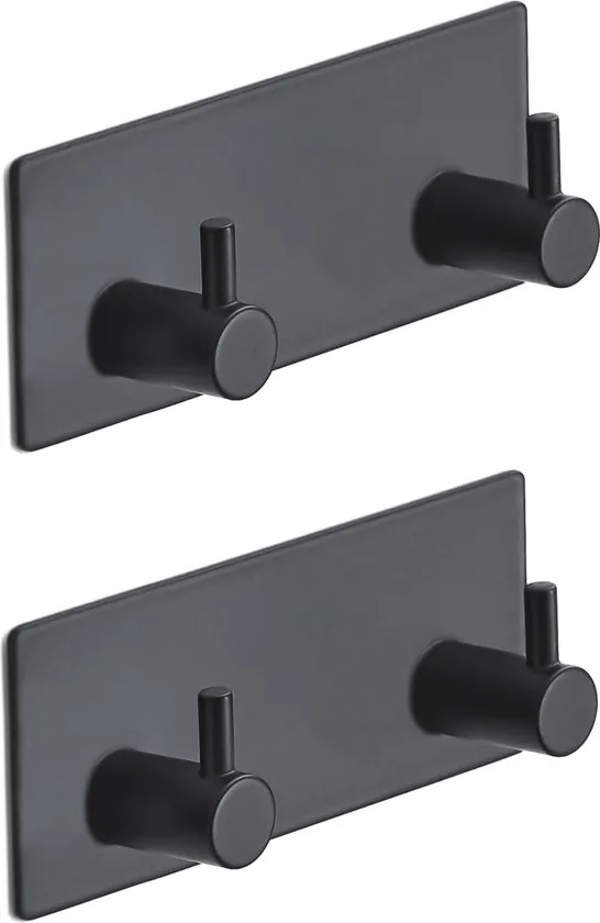 Brute Strength - RVS Handdoekhaak 2 haaks - Set van 2 Stuks - Zelfklevend zonder Boren - Zwart Vierkant - Badjas Theedoek Hanger Keuken Badkamer Handdoek Haakjes - Afbeelding 1