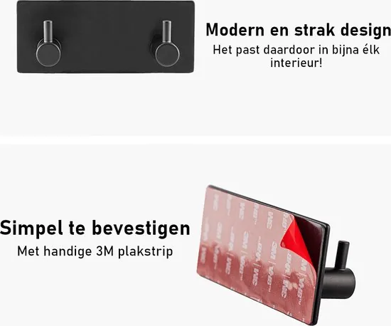 Brute Strength - RVS Handdoekhaak 2 haaks - Set van 2 Stuks - Zelfklevend zonder Boren - Zwart Vierkant - Badjas Theedoek Hanger Keuken Badkamer Handdoek Haakjes thumbnail 7