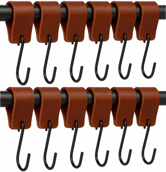 Brute Strength - Leren S-haak hangers - Cognac - 12 stuks - 12,5 x 2,5 cm - Zwart zilver - Leer - Afbeelding 1