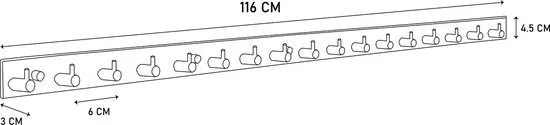 Brute Strength - RVS Lange Kapstok 17 - haaks - 116 cm - Mat Zwart - Wandkapstok - Hangende Design Muurkapstok thumbnail 5