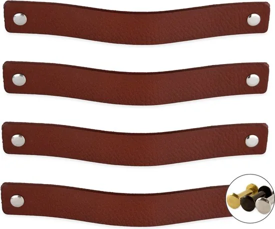 Leren handgrepen - Cognac - 4 stuks - 20,0 x 2,5 cm - incl. 3 kleuren schroeven - Handgrepen leer - Leren meubelgreep - Afbeelding 1