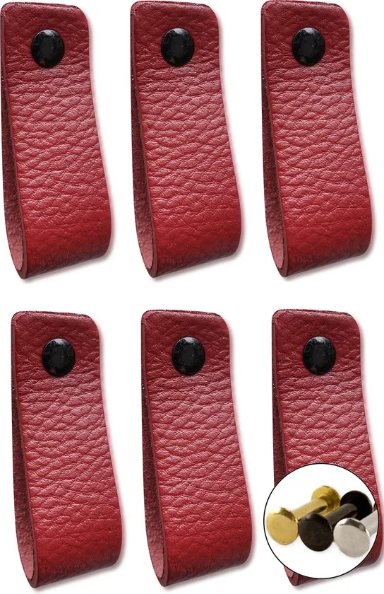 Leren handgrepen - Bordeaux Rood - 6 stuks - 16,5 x 2,5 cm - incl. 3 kleuren schroeven - Handgrepen kast leer - Leren meubelgreep thumbnail 1
