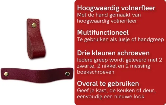Leren handgrepen - Bordeaux Rood - 6 stuks - 16,5 x 2,5 cm - incl. 3 kleuren schroeven - Handgrepen kast leer - Leren meubelgreep thumbnail 2