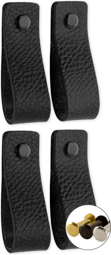 Leren handgrepen - Zwart - 4 stuks - 16,5 x 2,5 cm - Handgreep zwart - Handgrepen leer - Leren meubelgreep - Afbeelding 1