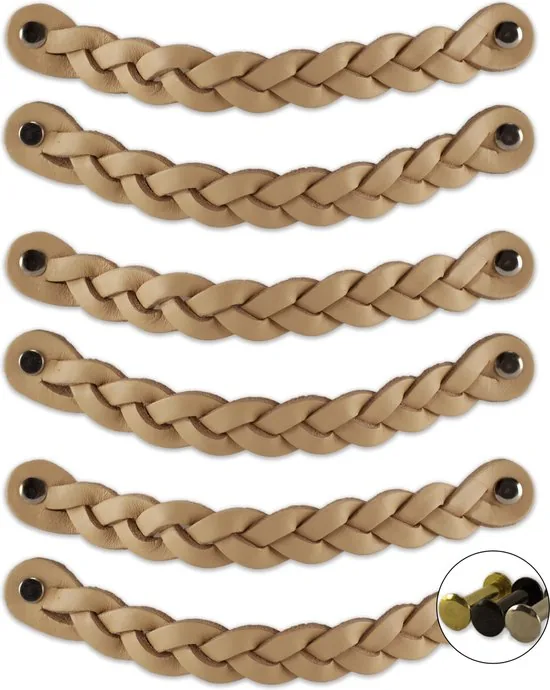 Leren handgrepen - Naturel - 6 stuks - Gevlochten - 20 x 2,5 cm - incl. 3 kleuren schroeven - Handgrepen leer - Afbeelding 1