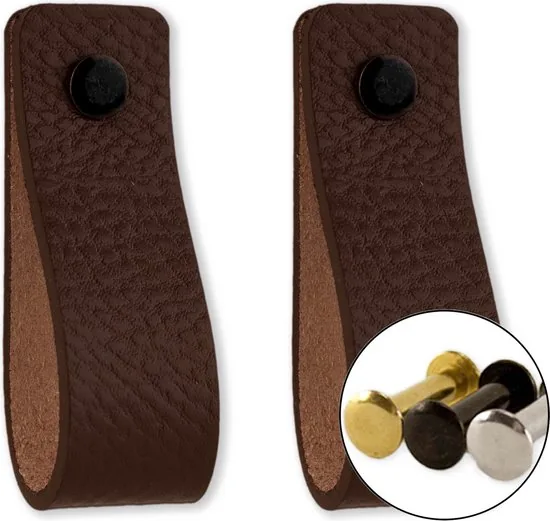 Leren handgrepen - Bruin - 2 stuks - 16,5 x 2,5 cm - incl. 3 kleuren schroeven - Handgrepen leer - Leren meubelgreep - Afbeelding 1