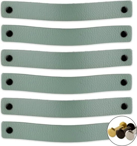 Leren handgrepen - Vaalgroen - 6 stuks - 20,0 x 2,5 cm - incl. 3 kleuren schroeven - Handgrepen leer - Leren meubelgreep - Afbeelding 1
