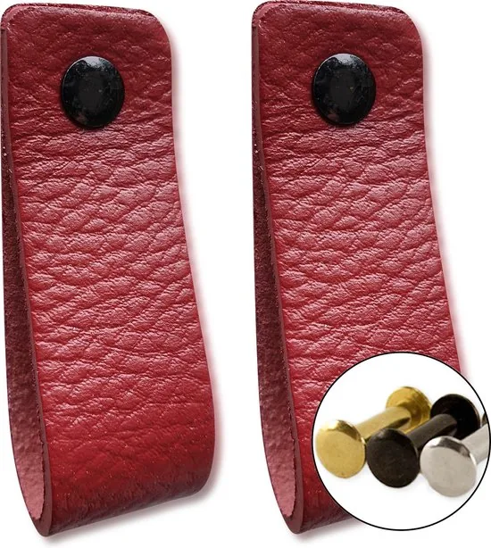 Leren handgrepen - Bordeaux Rood - 2 stuks - 16,5 x 2,5 cm - incl. 3 kleuren schroeven - Handgrepen kast leer - Leren meubelgreep - Afbeelding 1