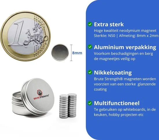 Brute Strength - Super sterke magneten - Rond - 8 x 2 mm - 60 Stuks - Neodymium magneet sterk - Magneten koelkast thumbnail 5