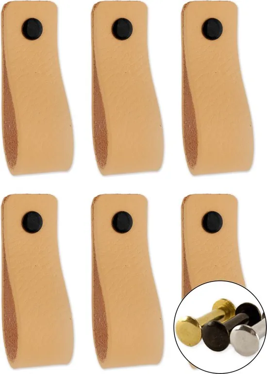 Leren handgrepen - Naturel - 24 stuks - 16,5 x 2,5 cm - incl. 3 kleuren schroeven - Handgrepen leer - Leren meubelgreep - Afbeelding 1