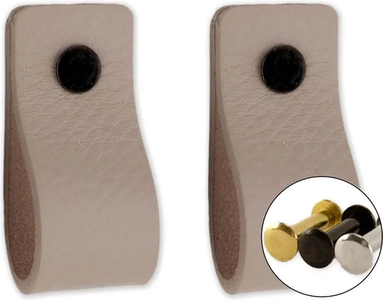 Leren handgrepen - Licht Grijs - 2 stuks - 12,5 x 2,5 cm - incl. 3 kleuren schroeven - Handgrepen leer - Leren meubelgreep thumbnail 1