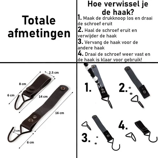 Brute Strength - Multifunctionele Haak Met Lederen Lus - Zwart - 4 stuks - Kapstokhaak - Kampeerhaak - Leer thumbnail 6